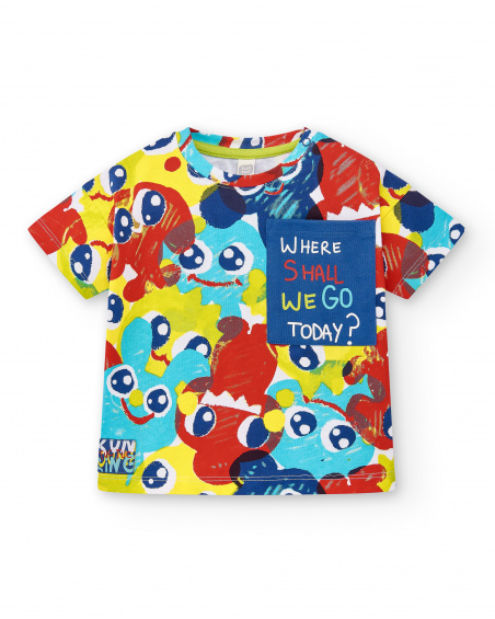 T-shirt blu stampata da bambino collezione Run Sing Jump