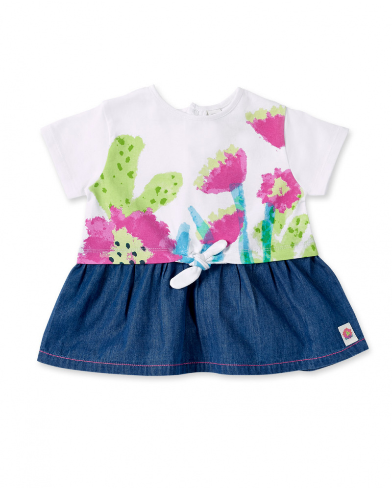 Abito da bambina in maglia di denim bianco collezione Tropadelic