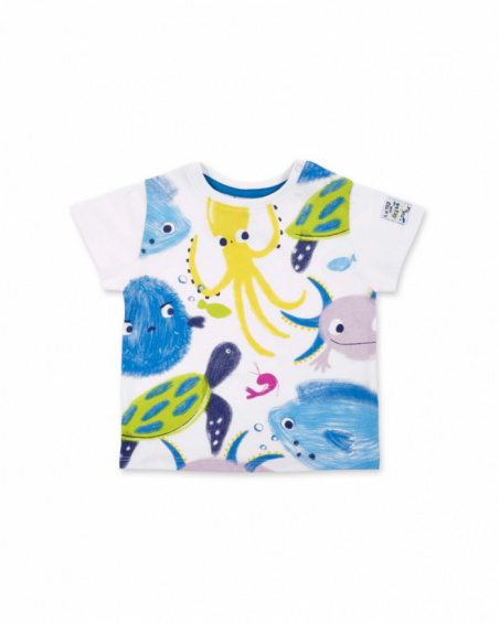 T-shirt bianca con animali in maglia per bambino collezione