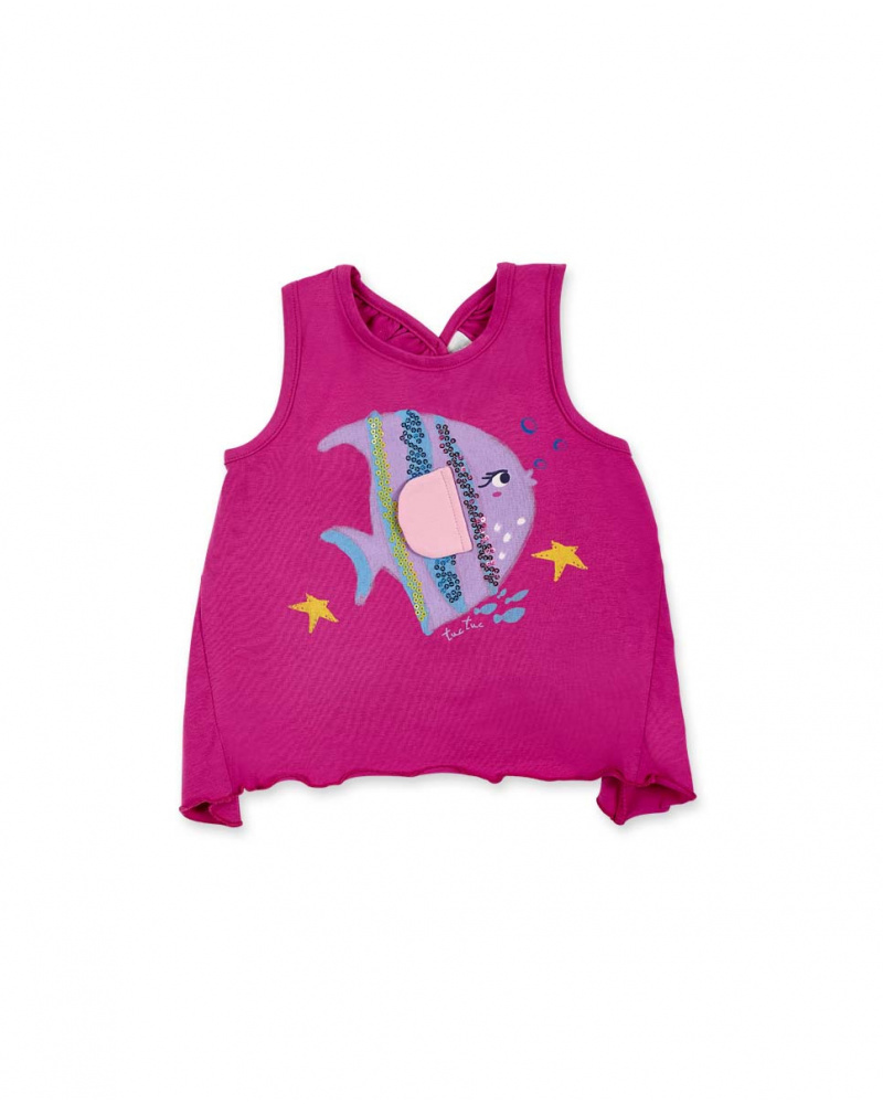 T-shirt da bambina in maglia lilla con spalline incrociate