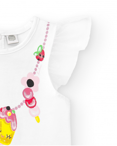 T-shirt bianca da bambina in maglia con volant collezione