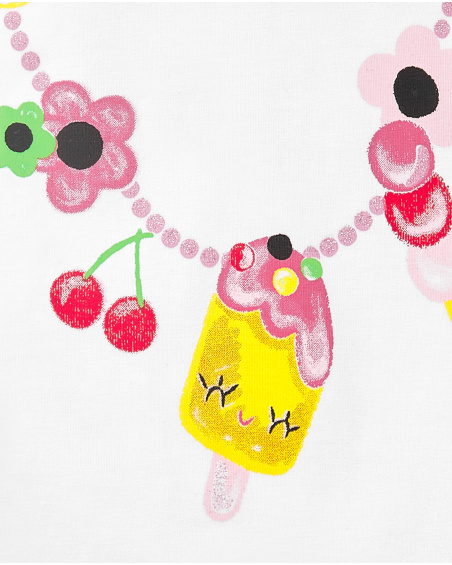 T-shirt bianca da bambina in maglia con volant collezione