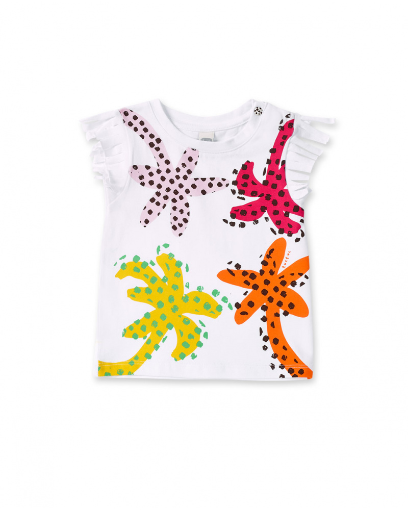 T-shirt bianca da bambina in maglia con frange collezione