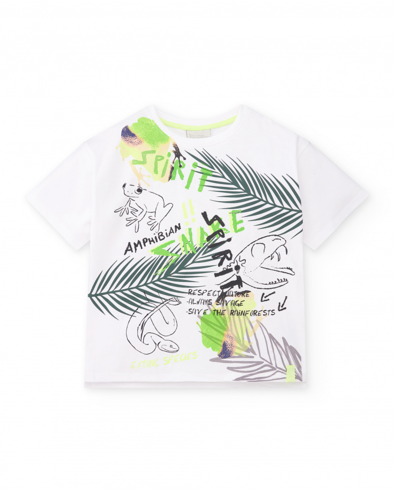 T-shirt bianca con animali in maglia per bambino Collezione