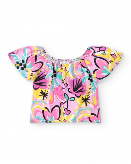 T-shirt da bambina in maglia lilla stampata Collezione Flamingo