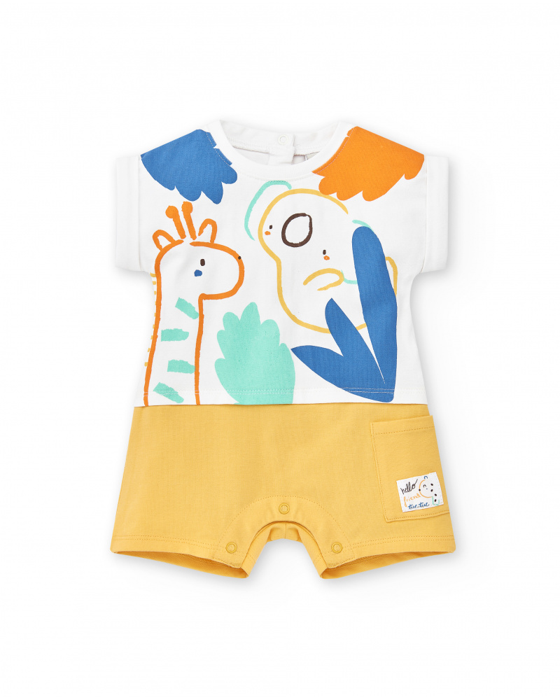 Tutina in maglia bianca gialla da bambino Collezione Animal Life