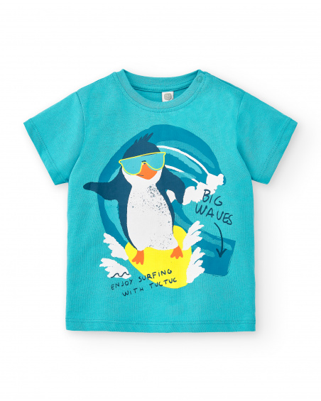 T-shirt blu da bambino in maglia con pinguino Collezione Laguna