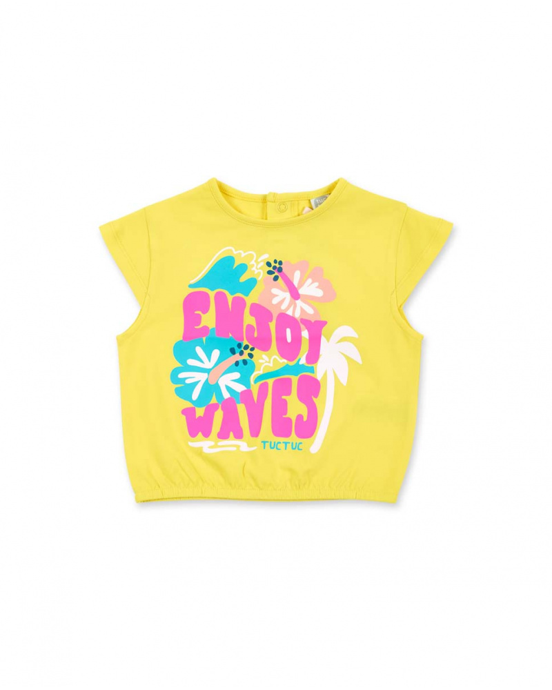 T shirt gialla lavorata a maglia da ragazza con cartello Collezione Laguna Beach tuc tuc