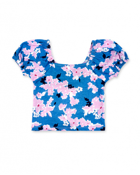 T-shirt blu a fiori in maglia da bambina Collezione Carnet De