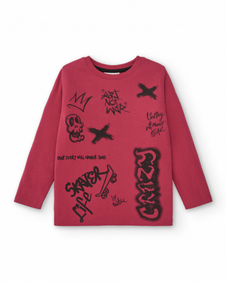 T-shirt a maniche lunghe per ragazzi in rosso con stampa