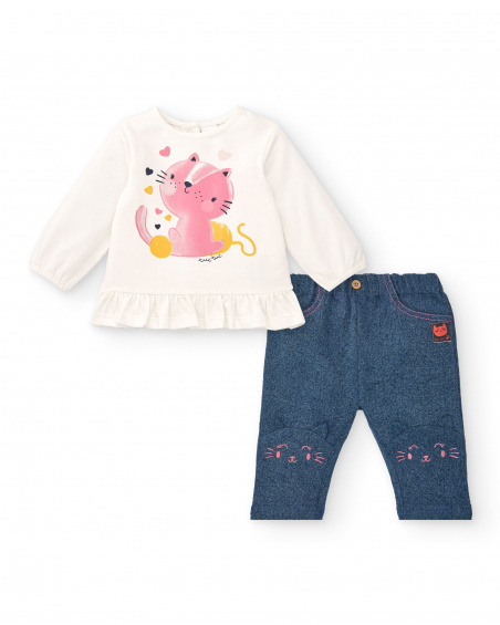 Completo da bambina color panna e blu con stampa gattini