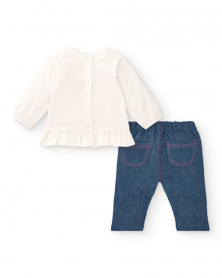 Completo da bambina color panna e blu con stampa gattini