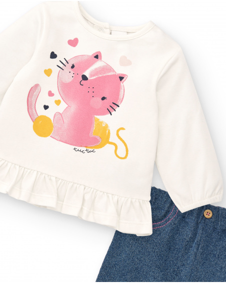 Completo da bambina color panna e blu con stampa gattini