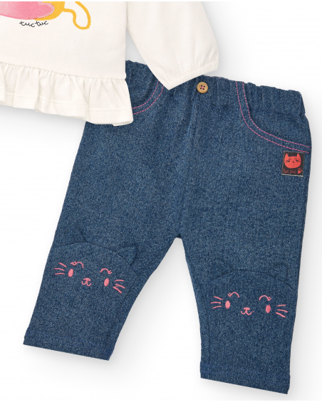 Completo da bambina color panna e blu con stampa gattini