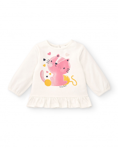 Completo da bambina color panna e blu con stampa gattini