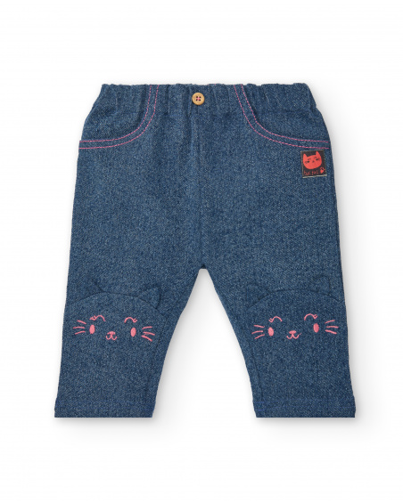 Completo da bambina color panna e blu con stampa gattini
