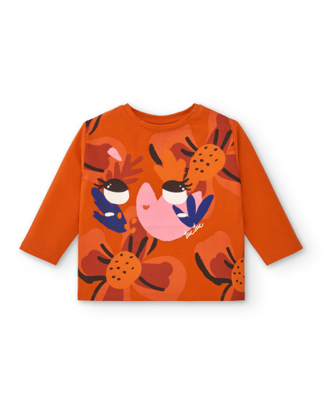 T-shirt in peluche per bambina in arancione con stampa floreale