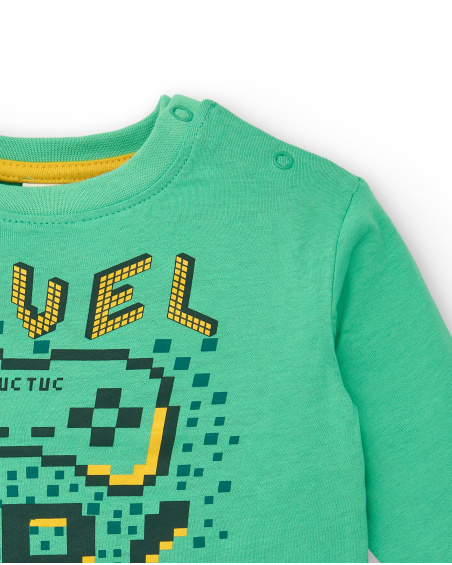 T-shirt a maniche lunghe per bambino in verde con stampa "Level