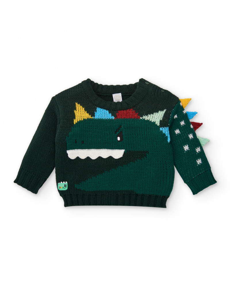 Maglione lavorato a maglia da ragazzo in verde con disegno di dinosauro in rilievo della collezione