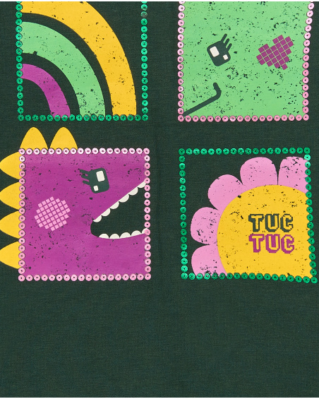 T-shirt a maniche lunghe per bambina in verde con stampa