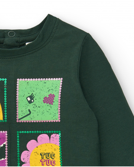 T-shirt a maniche lunghe per bambina in verde con stampa