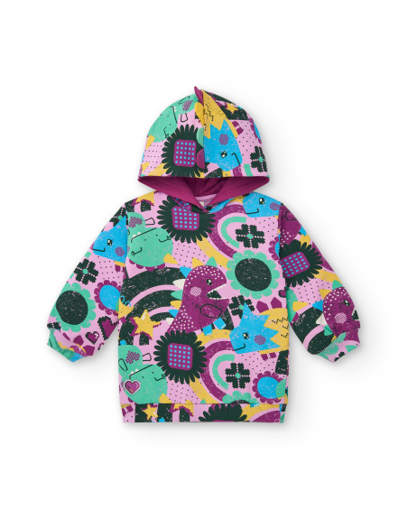Felpa con cappuccio con stampa dinosauri multicolor per bambina