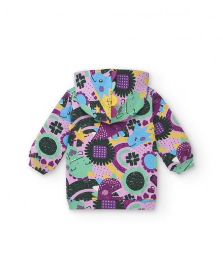 Felpa con cappuccio con stampa dinosauri multicolor per bambina