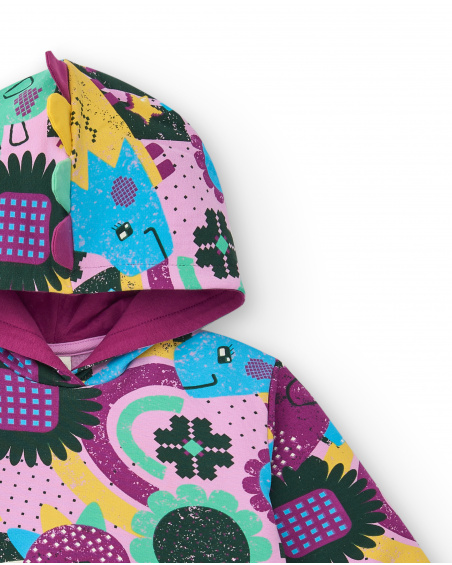 Felpa con cappuccio con stampa dinosauri multicolor per bambina