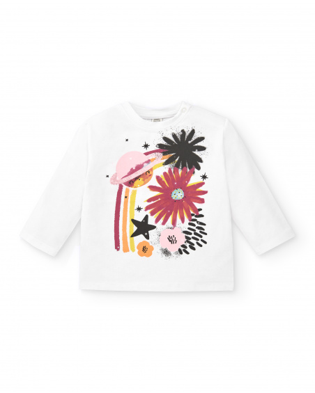 T-shirt lavorata a maglia per ragazze in bianco con stampa