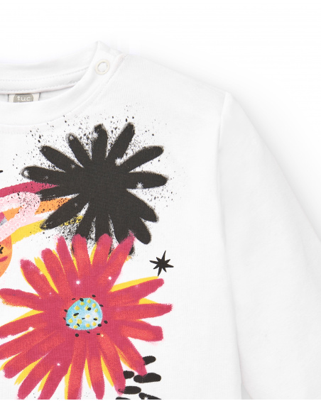 T-shirt lavorata a maglia per ragazze in bianco con stampa