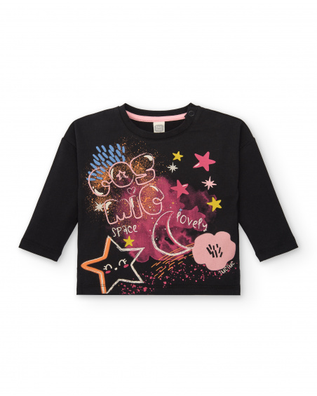 T-shirt lavorata a maglia per ragazze in nero con stampa