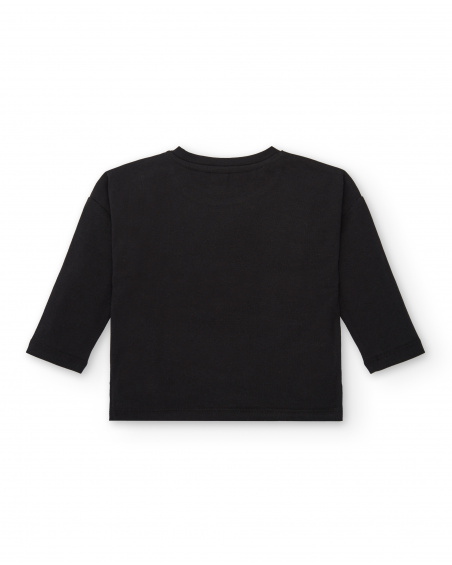 T-shirt lavorata a maglia per ragazze in nero con stampa