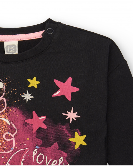 T-shirt lavorata a maglia per ragazze in nero con stampa