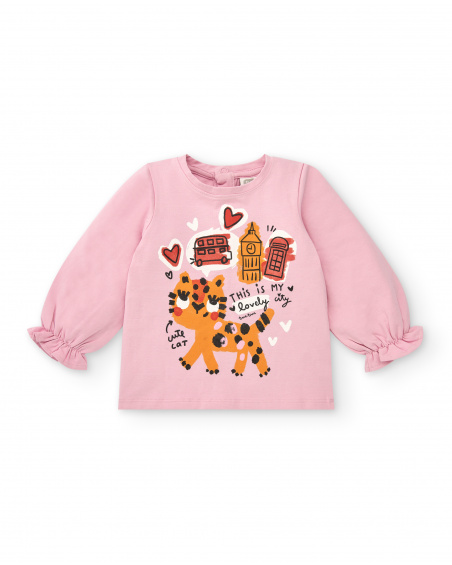 T-shirt rosa con stampa di città e gattini per bambina della