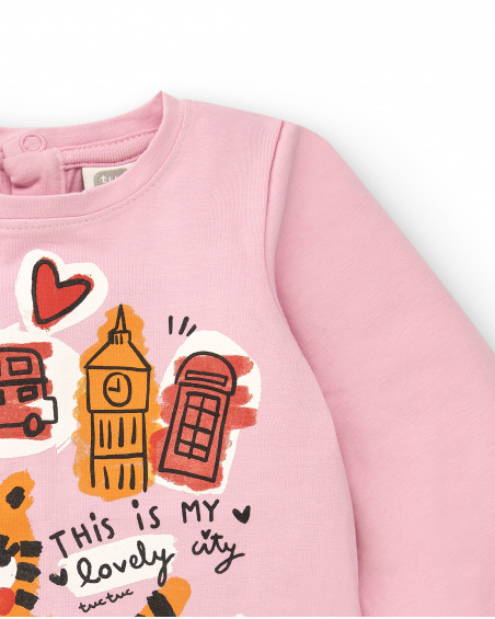 T-shirt rosa con stampa di città e gattini per bambina della
