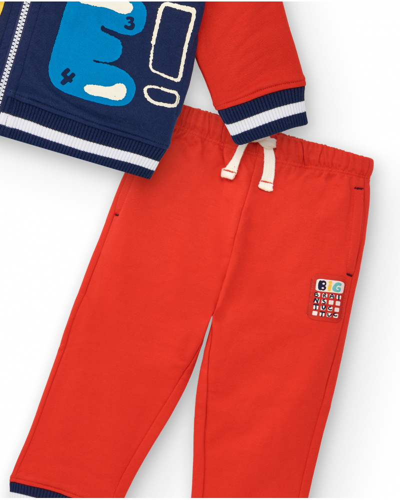 Set felpa e pantaloni jogger da ragazzo in blu e rosso con stampa divertente della collezione Big