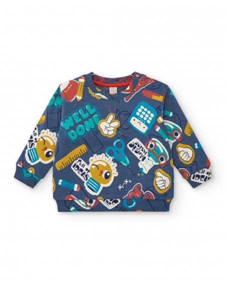 Felpa blu da bambino con stampa all over a tema scolastico