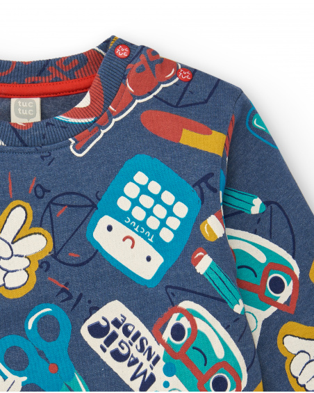 Felpa blu da bambino con stampa all over a tema scolastico