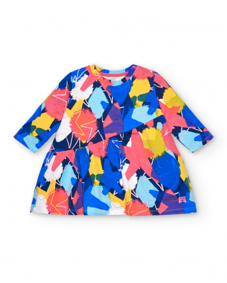 Abito in peluche da bambina in blu con stampa multicolor