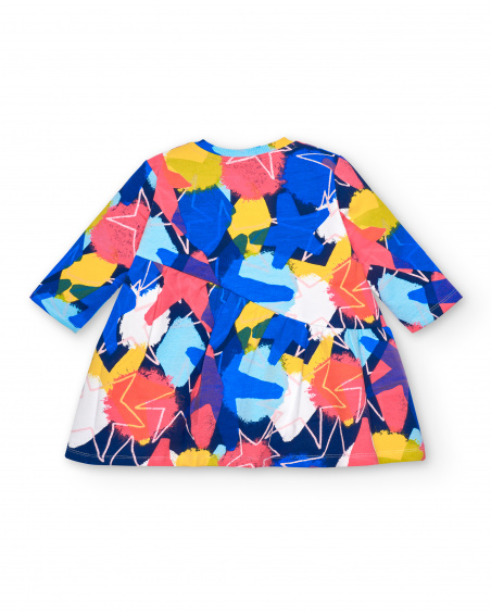 Abito in peluche da bambina in blu con stampa multicolor