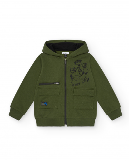 Felpa verde con cappuccio con stampa grafica per bambino della