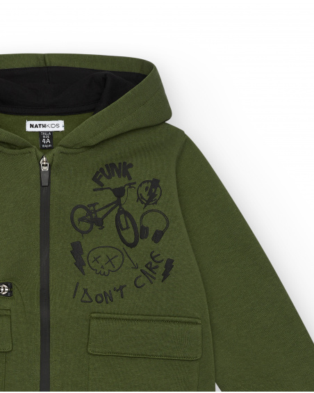 Felpa verde con cappuccio con stampa grafica per bambino della