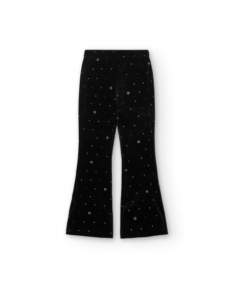 Pantaloni a zampa di velluto nero con dettagli in cristalli per bambina della collezione Dive into