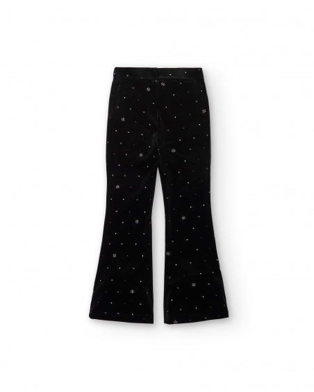 Pantaloni a zampa di velluto nero con dettagli in cristalli per bambina della collezione Dive into