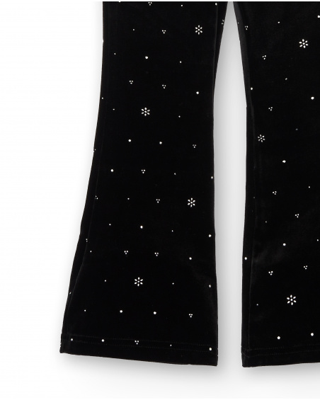 Pantaloni a zampa di velluto nero con dettagli in cristalli per bambina della collezione Dive into