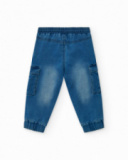 Pantalón plana niño en azul con detalles cargo Happy Garden