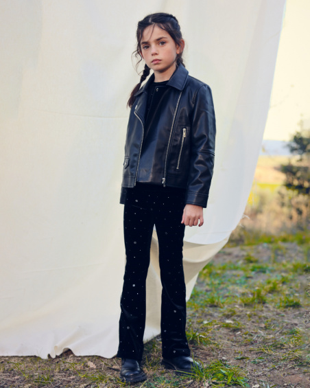 Pantaloni a zampa di velluto nero con dettagli in cristalli per bambina della collezione Dive into