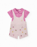 Completo di maglia per bambina con salopette lilla a coste con stampa di frutta Completo di maglia per bambina con salopette lilla a coste con stampa di frutta