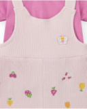 Completo di maglia per bambina con salopette lilla a coste con stampa di frutta Completo di maglia per bambina con salopette lilla a coste con stampa di frutta