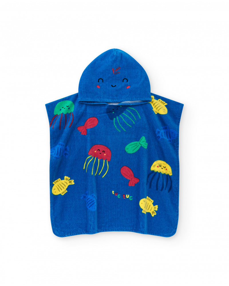 Asciugamano-poncho per bambino color blu con stampa e cappuccio